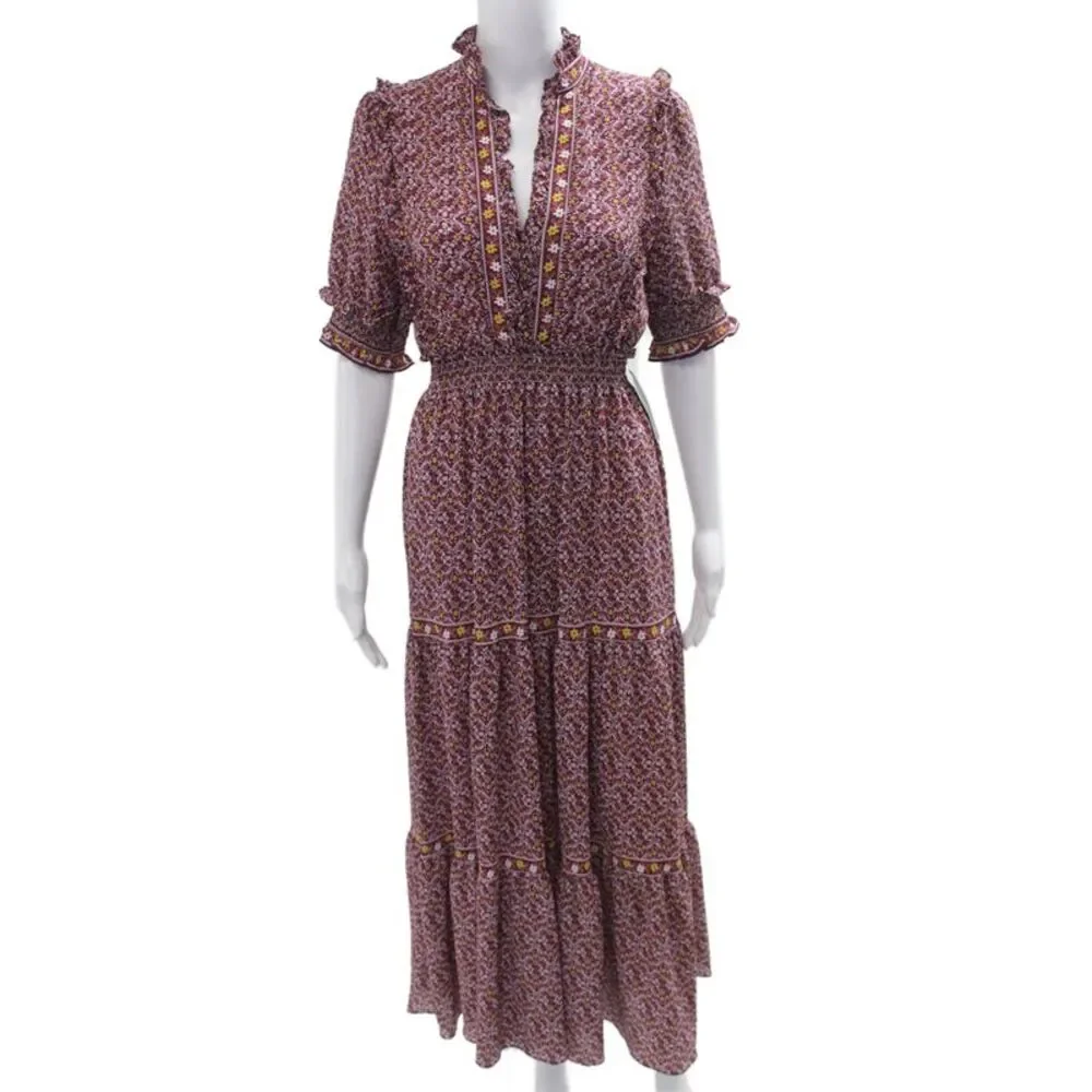 Max Studio Womens Maxi Dress Purple V-Neck Bohemian Short Sleeve Size S